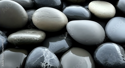 Smooth, gray stones arranged closely together.
