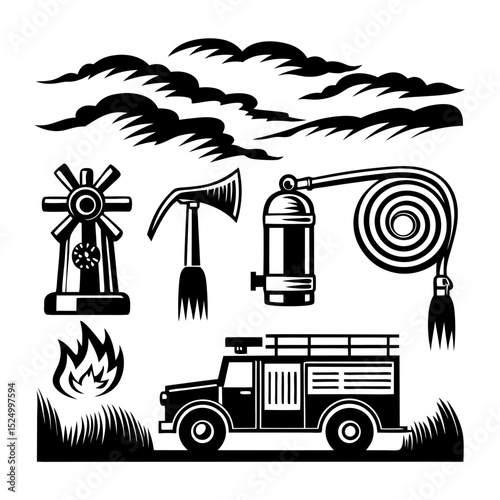 Firefighting equipment and vintage fire truck illustration