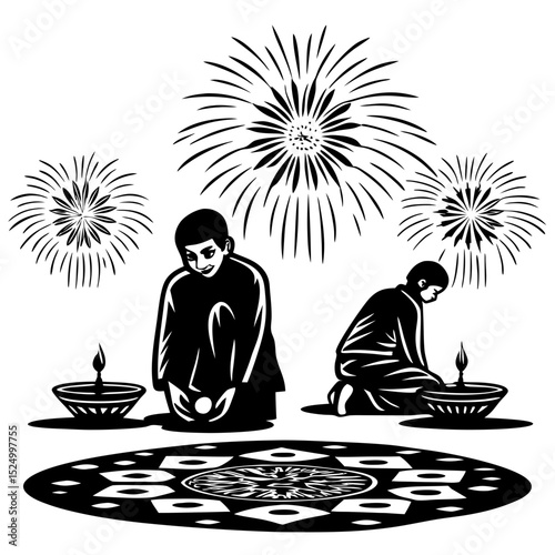 Children celebrating diwali with fireworks and rangoli