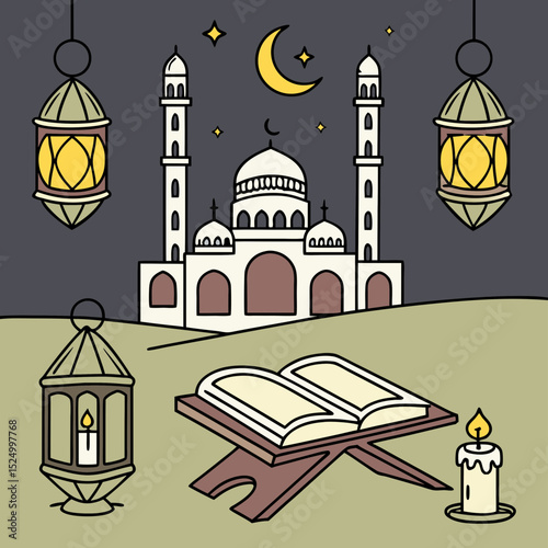 Mosque night scene with lanterns quran and candle
