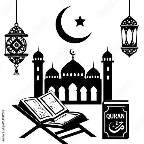Islamic mosque with quran and lanterns