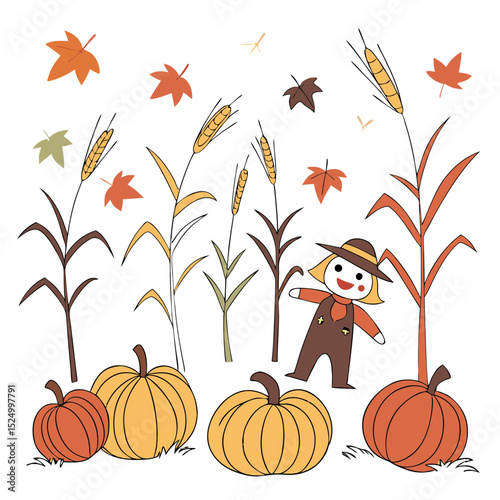 Cute scarecrow in autumn harvest field