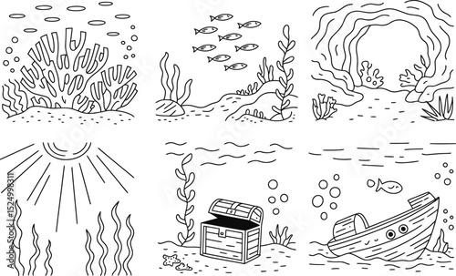 Under the sea coloring page set with coral fish and treasure