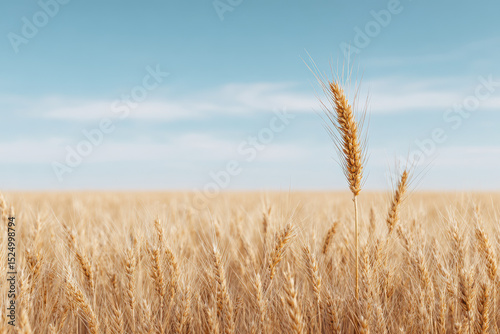 serene and ultrabright wheat field under clear blue sky featuring single ear of wheat standing tall amidst golden