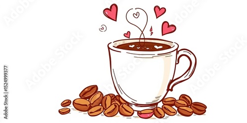 Whimsical coffee cup sketch, steam swirls, hearts & beans,  coffee bean,  mug
