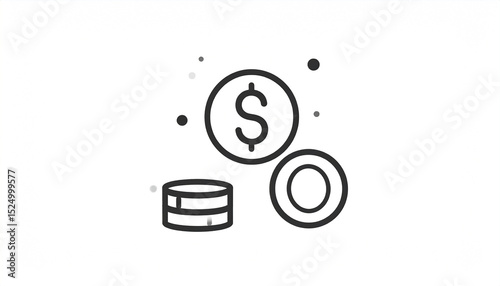 Minimalist line art depicting a dollar coin hovering above a stack of coins and a single coin.  Small scattered dots surround the coins
