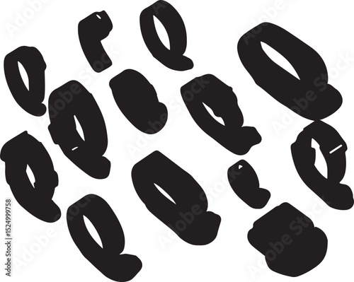 Abstract Black and White Graphic Art: Bold Brushstroke Style Composition of Letter Q Shapes, Modern Artistic Design Element, Isolated Vector Image