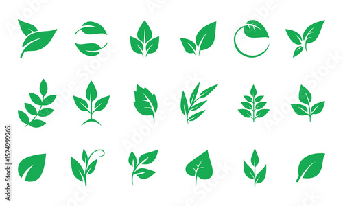 "Eco Green Leaf Icon Set for Organic and Natural Themes"