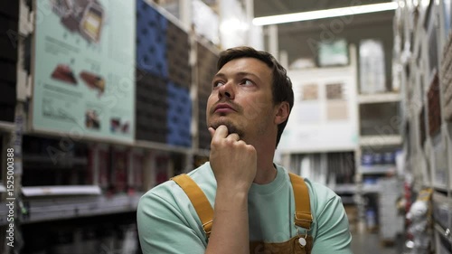 Construction worker in protective overalls examining building supplies, scanning warehouse shelves with focused concentration, hand resting pensively on chin during material selection process