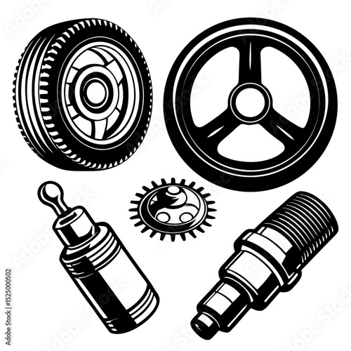 Vintage car parts icons wheel steering wheel gear spark plug oil