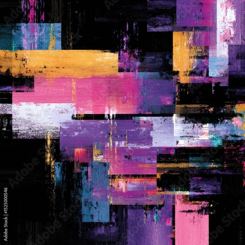 Abstract artwork with vibrant, textured brushstrokes in various shades of purple, pink, orange, and blue, set against a dark background