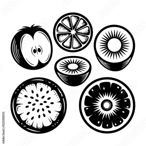 Black and white fruit slices illustration