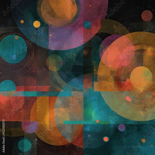 Abstract artwork featuring overlapping circles and rectangles in muted earth tones and teal on a dark background