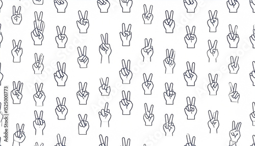 A repeating pattern of simple line drawings of hands displaying the peace sign, set against a white background.  The style is minimalist and uniform