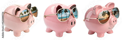 Set For Three pink piggy banks wearing sunglasses reflect tropical beaches