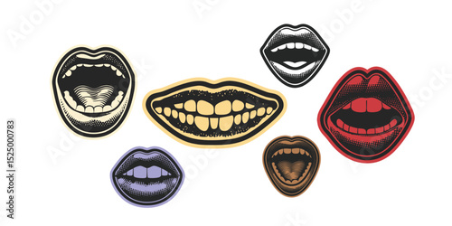 Retro Halftone Mouth Expressions Six Unique Designs in Various Angles