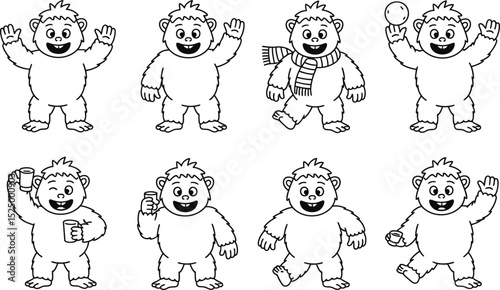 Yeti cartoon character poses collection illustration black and white line art