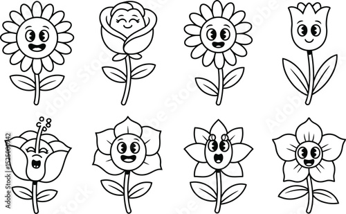Collection of cute cartoon flowers coloring page illustration