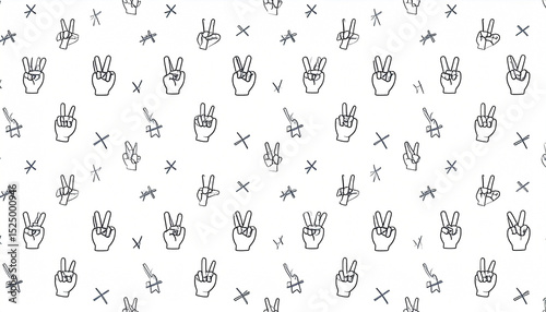 A repeating pattern of peace signs and Xs, rendered in simple line art on a white background.  The design is minimalistic and features a consistent spacing between elements