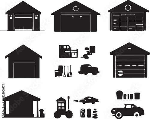 Black and White Garage Silhouettes Vector Graphics: Car Storage, Home Garages, Automotive, Transportation, Building Architecture, Clip Art Set