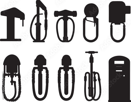 Black and White Silhouette Vector Graphic of Various Bicycle Tire Pumps: Floor, Hand, and Foot Operated Inflation Devices for Bike Maintenance