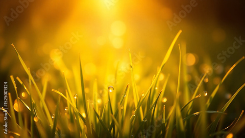 Golden Hour Dew Drops on Grass Blades Nature's Serene Sunrise