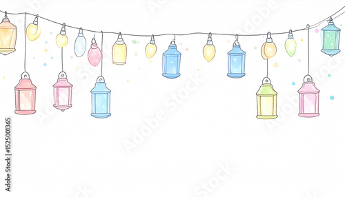 Colorful lanterns and lights strung on a line, pastel hues, whimsical style, scattered confetti