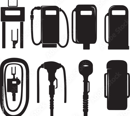 Black and White Vector Silhouette Illustration of Gas Station Pumps and Fuel Nozzles for Graphic Design and Automotive Industry Resources