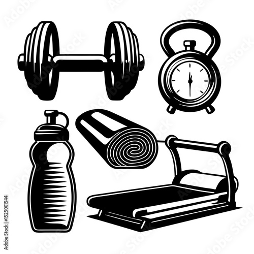 Fitness equipment icons dumbbell treadmill timer mat water bottle
