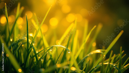 Golden Hour Dewdrops on Lush Green Grass Blades
