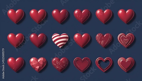 Set of glossy and scribbled red hearts in various styles. Perfect for love designs, romantic cards, or social media decorations. photo