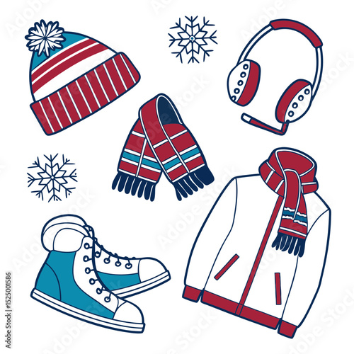 Winter clothing and accessories flat lay illustration