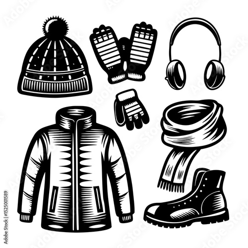 Winter clothing and accessories set illustration