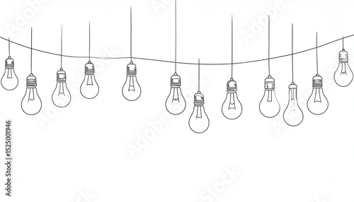 A string of simple line-drawn lightbulbs hangs in a gentle curve against a white background, suggesting ideas or inspiration