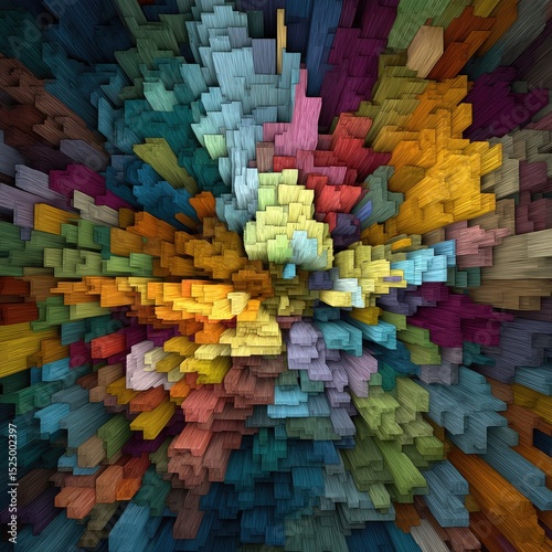 Abstract explosion of colorful, textured blocks radiating outwards from a central point, creating a dynamic and vibrant composition