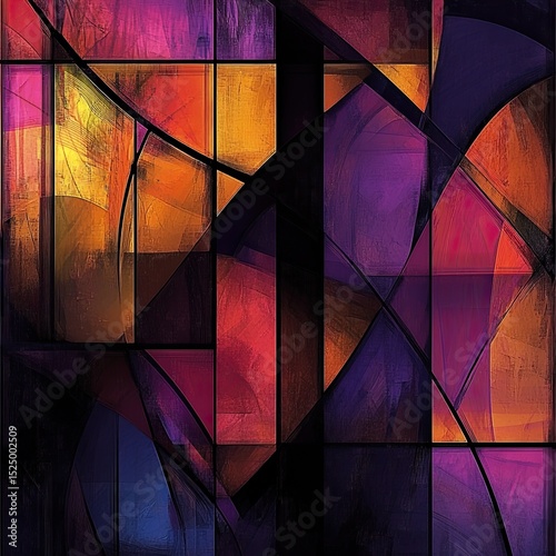 Abstract artwork with vibrant geometric shapes and rich color palette
