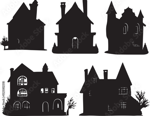 Spooky Silhouette Houses Vector Art: Halloween Haunted House Clipart Collection for Creepy Designs, Gothic Architecture and Halloween Decorations