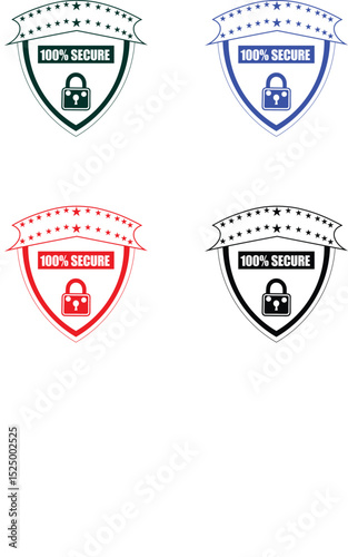 100% Secure Shield Badges Vector Illustration Set - Cyber Security and Data Protection Labels in Various Colors
