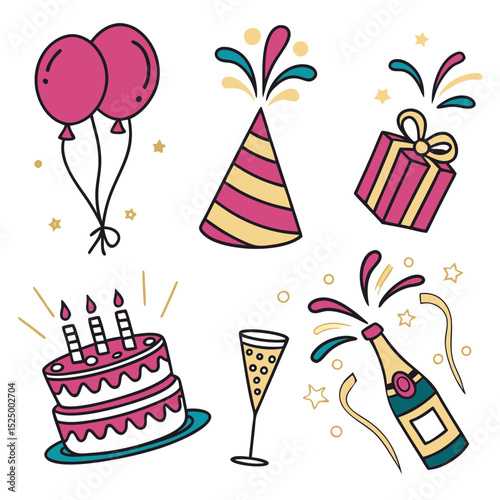 Celebration party icons balloons cake and champagne