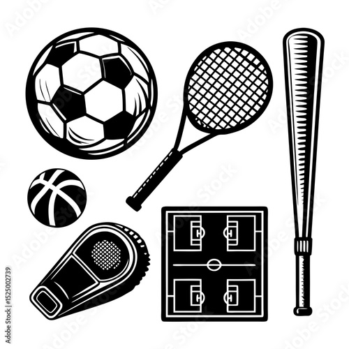 Collection of black and white sport equipment icons