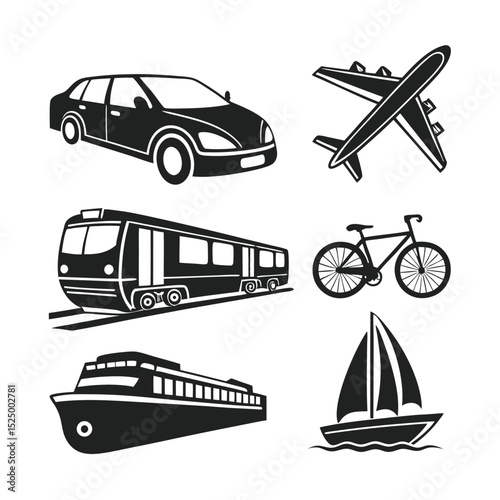 Transportation Icons Car, Airplane, Train, Bicycle, Ship, Sailboat – Travel and Commute Graphics