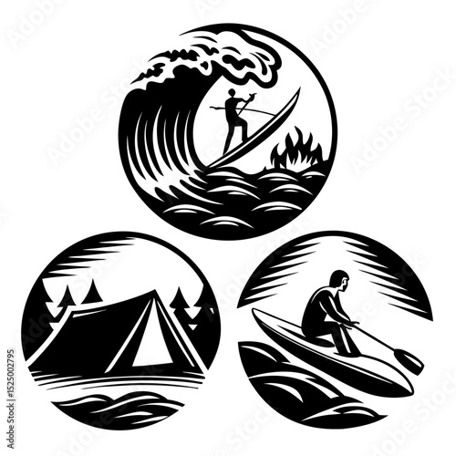 Water sports and camping adventure icons