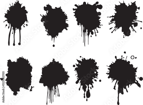 Black Ink Splatter Vector Set: Abstract Grunge Paint Splashes, Drips, and Blotches for Graphic Design Elements and Artistic Backgrounds