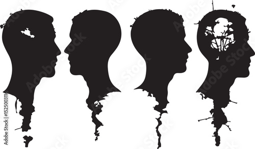 Silhouette Vector Art: Four Human Heads in Profile with Abstract, Ink-Splatter Design Representing Mental Health and Psychological Concepts