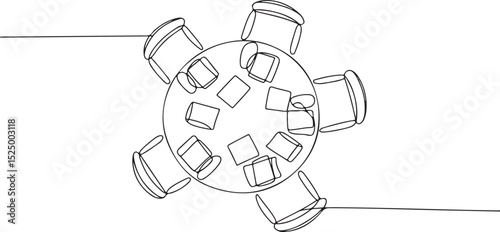 Minimalist continuous single line drawing of a round table with six chairs and scattered documents in top view composition

