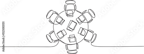 Minimalist continuous single line drawing of a round table with six chairs and scattered documents in top view composition

