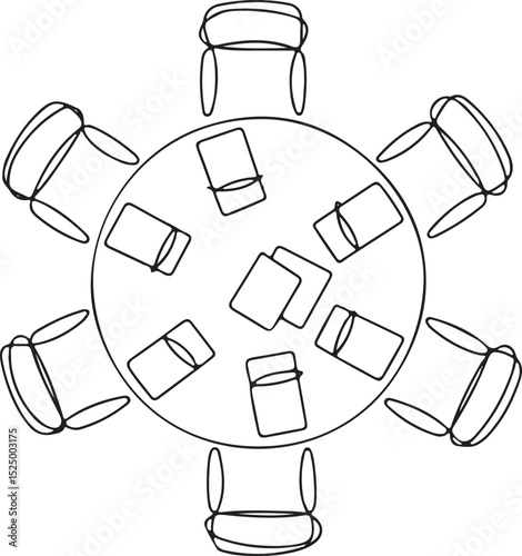 Minimalist continuous single line drawing of a round table with six chairs and scattered documents in top view composition

