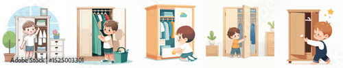 vector character boy opening wardrobe door