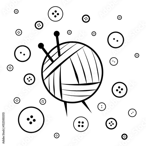 Sewing logo. Ball of thread and two knitting needles stuck into the ball against a background of scattered buttons.
Textiles. Sewing accessories. Tailor cutter. Handicraft supplies. Set of buttons