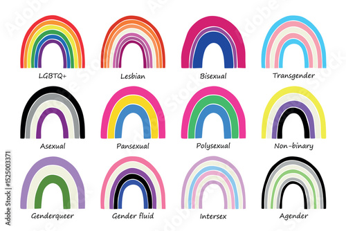 Set of colorful LGBTQ+ pride flag rainbows Gender equality and sexual identity pride flags collection LGBTQIA community pride month